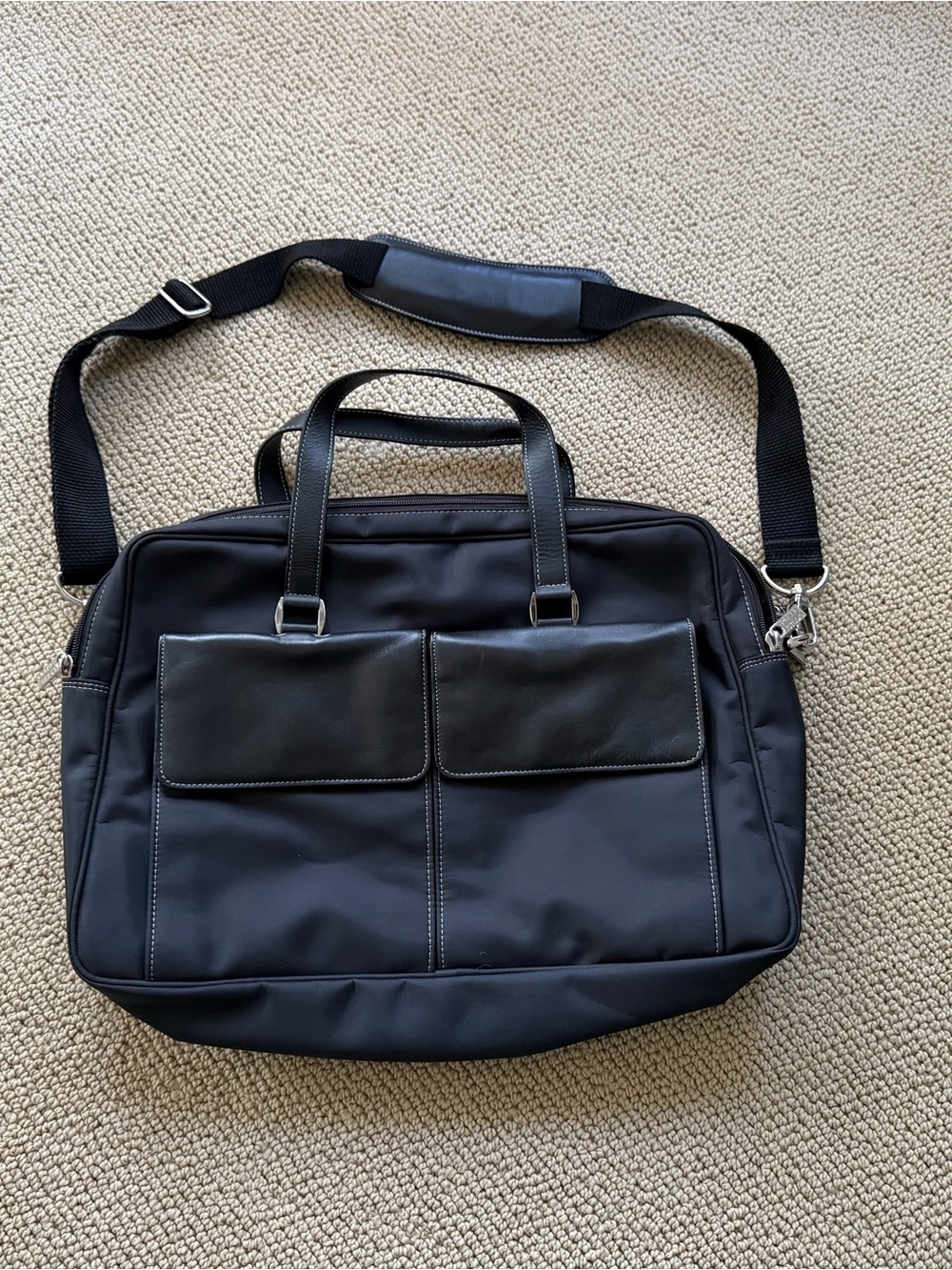 Wilsons Leather Black Nylon and Leather Laptop Satchel with Dual Flap Pockets